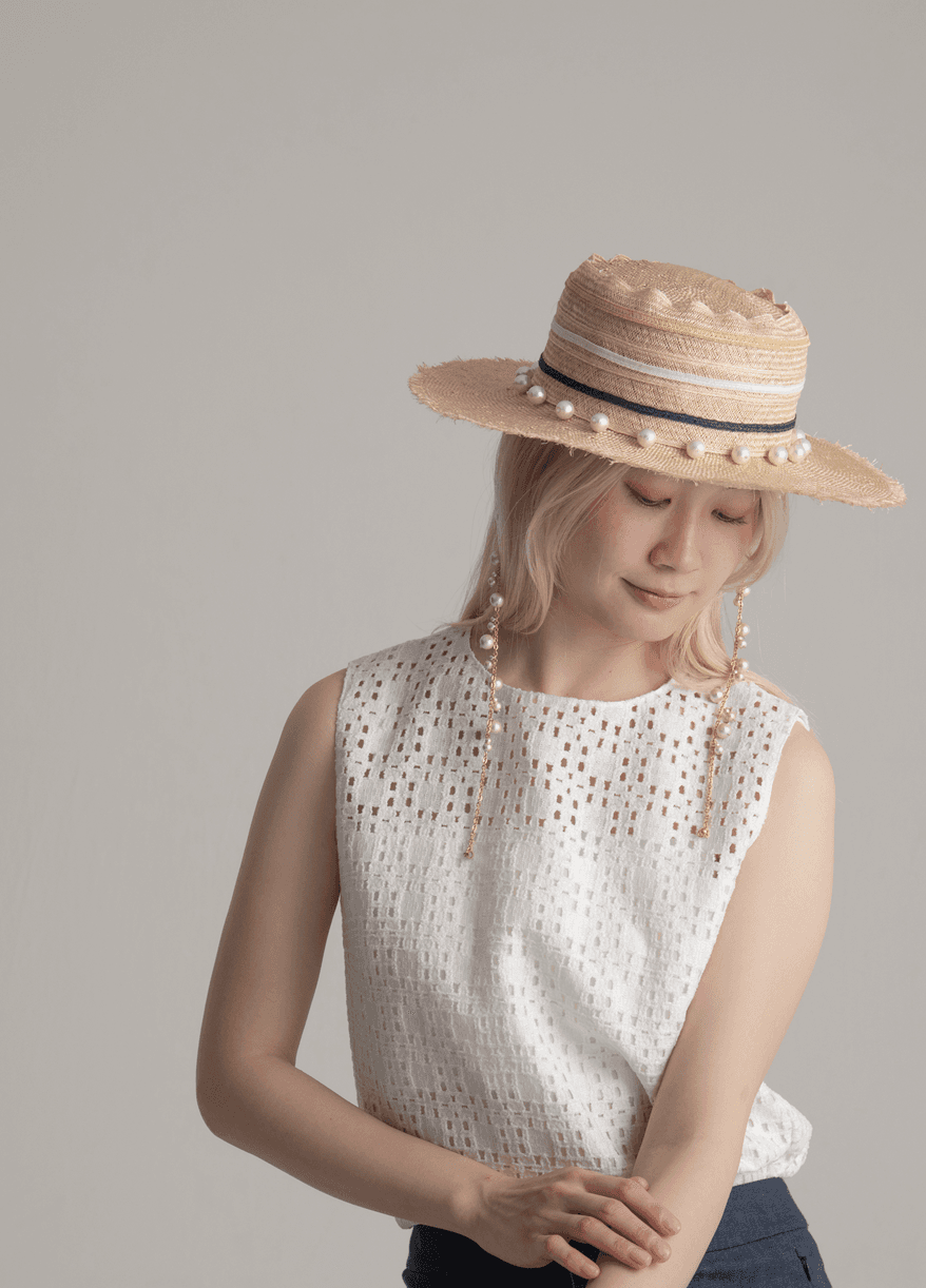 【1点もの】麻サマーハット・コットンパールチェーン付（出会い005-HAT）出会いシリーズ